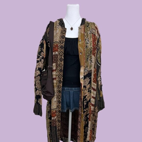 vintage 90s patchwork quirky boho grunge granola rayon hooded duster - Picture 1 of 8